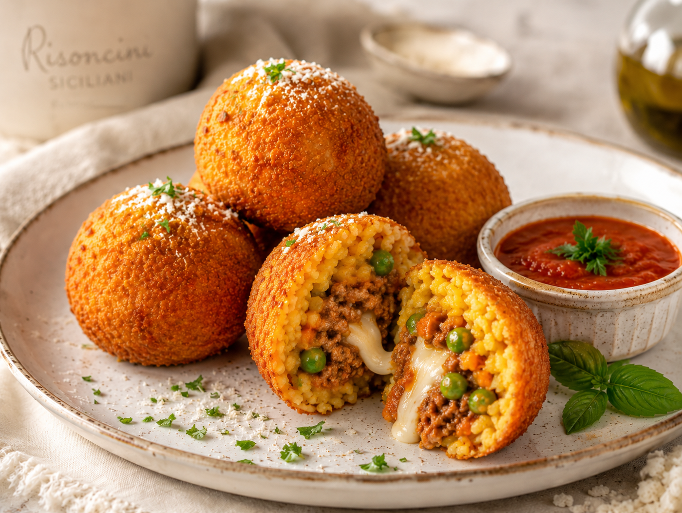 Risoncini Sicilian arancini plated and ready to serve