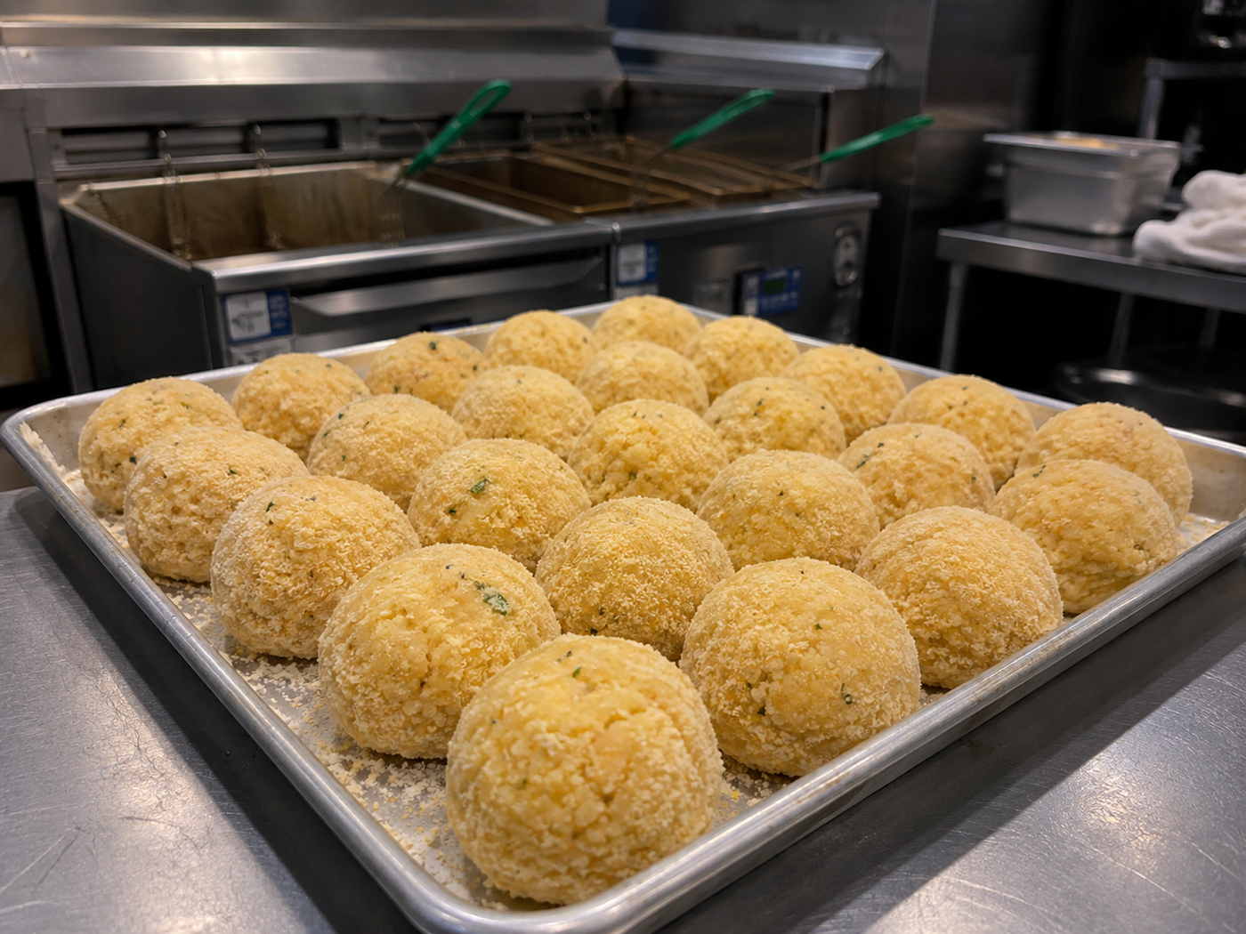 Risoncini arancini prepared in production before frying