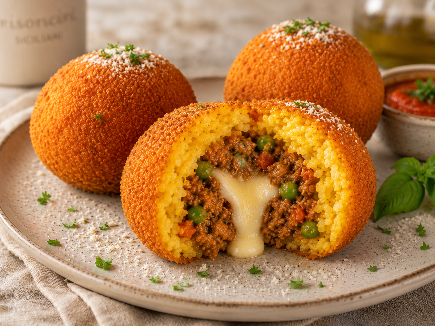 Risoncini Sicilian arancini cut open with creamy center