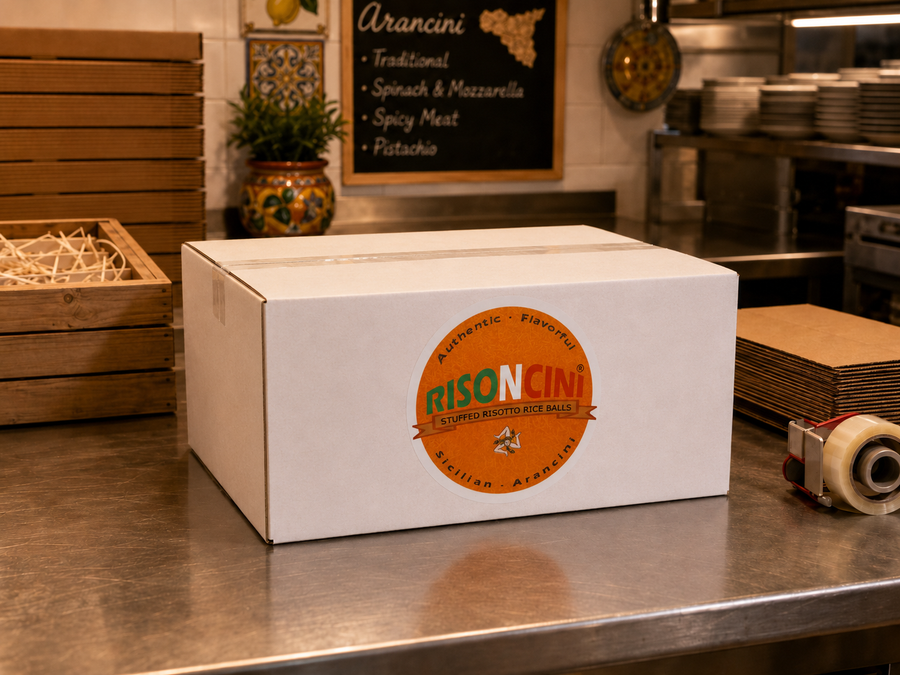Risoncini Original Sicilian Arancini 6 pack box with current Risoncini label