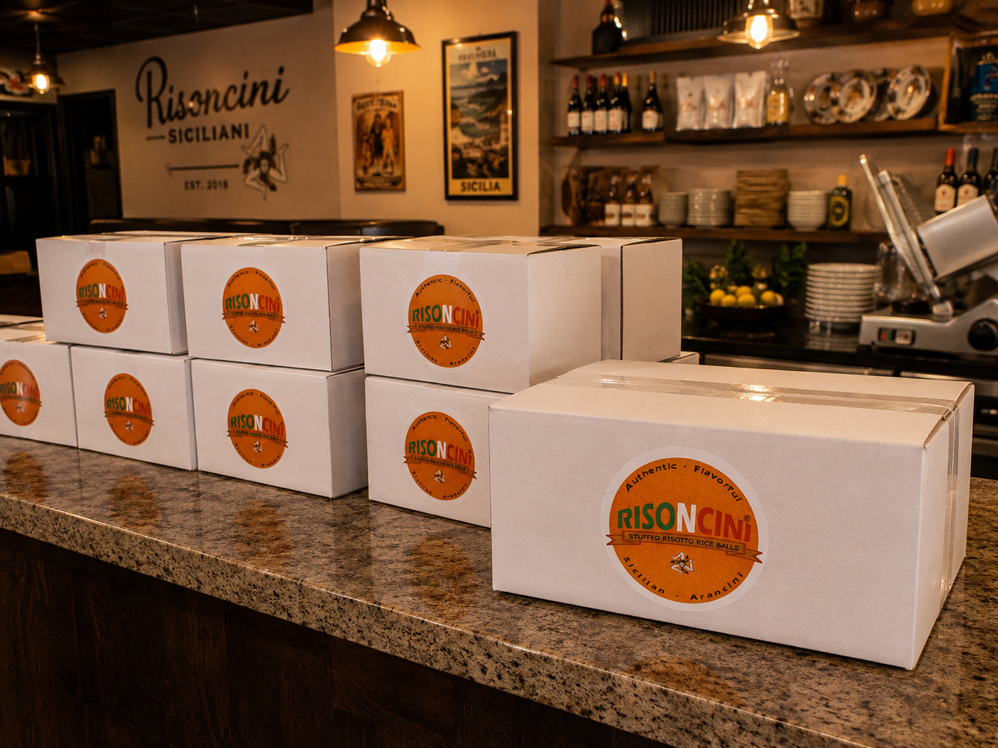 Risoncini labeled boxes ready for shipping and wholesale orders