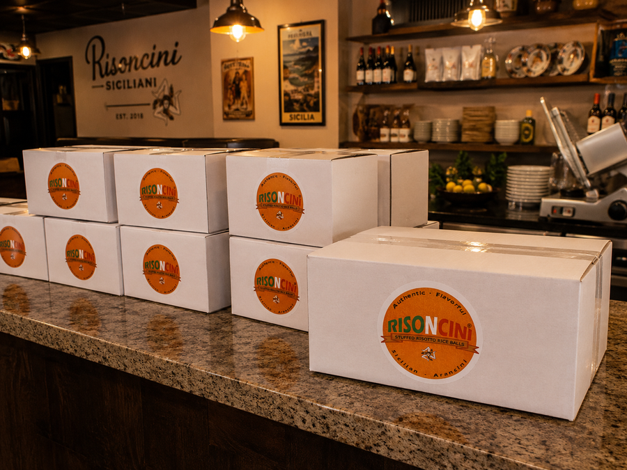 Risoncini labeled boxes ready for shipping